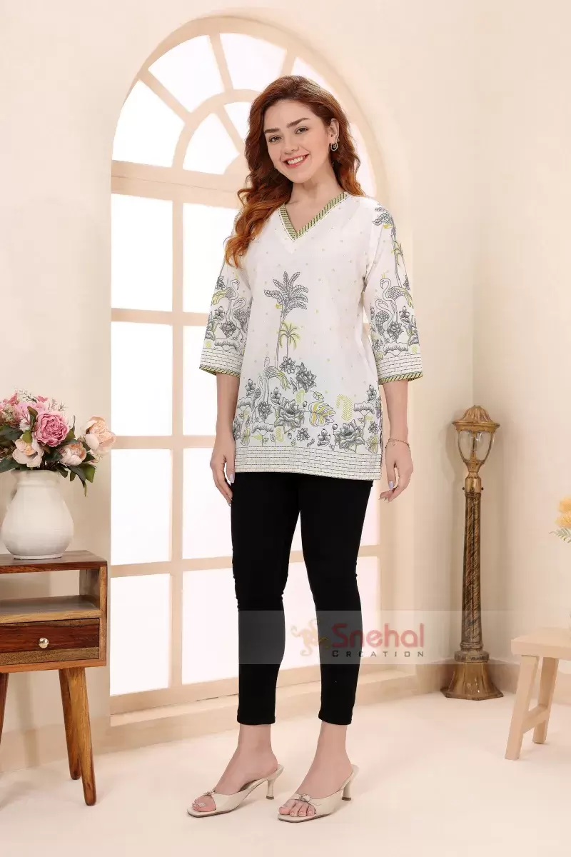 Designer Short Top Yellow Short Kurti Tunic Top with Floral Print 100% Pure Cotton